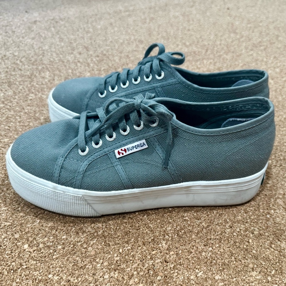 Superga Gray Canvas Lace-Up Platform Sneakers 8.5